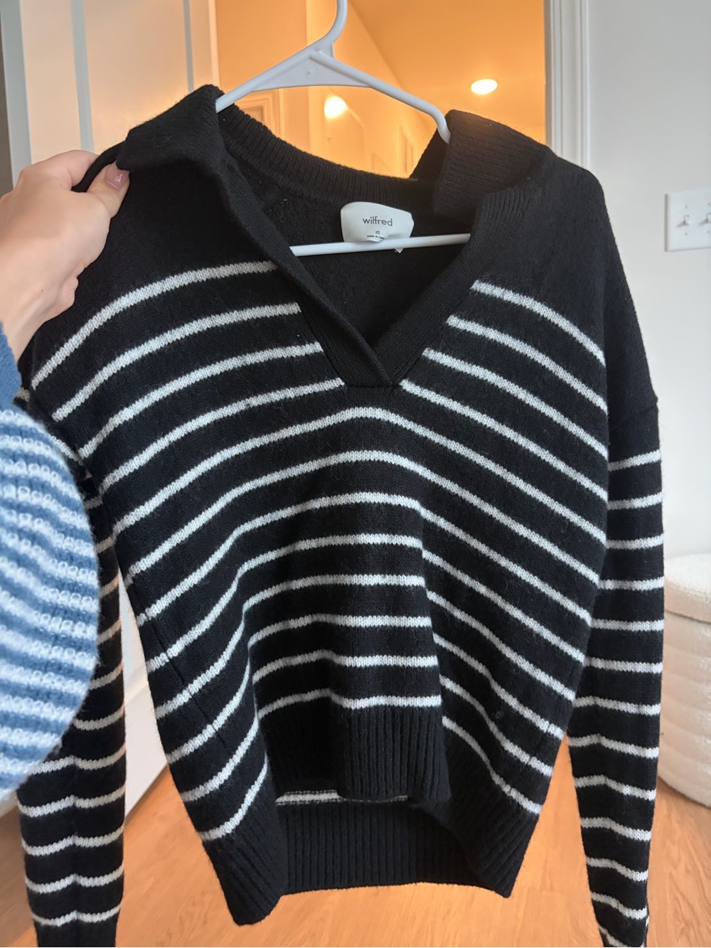 Wilfred Black and White Striped V-Neck Knit Sweater